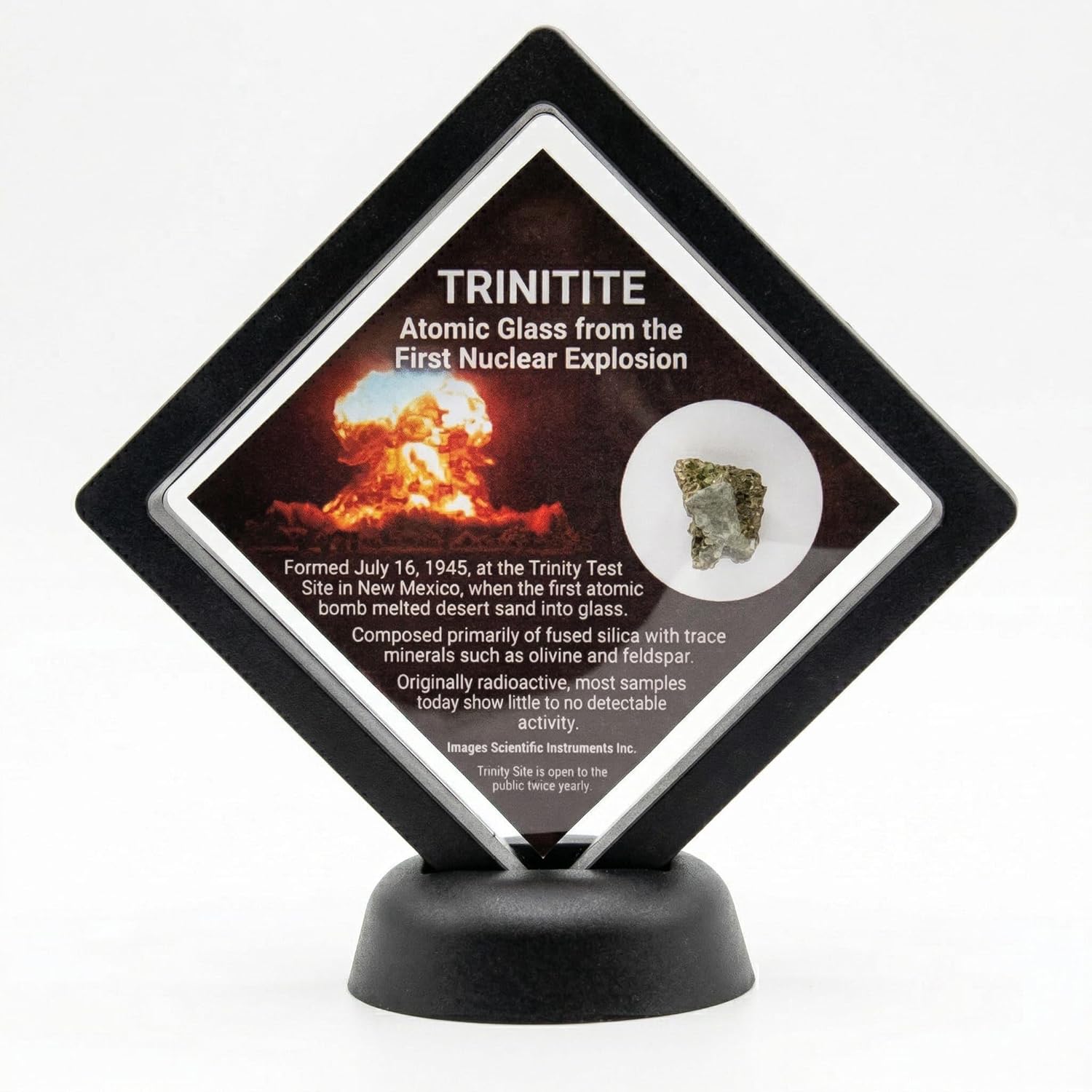 Trinitite Specimen in Display Frame with Stand – Trinity Nuclear Test Glass (1945) – Certificate of Authenticity Included – 3.5" Collector Display, Atomic Glass Sample