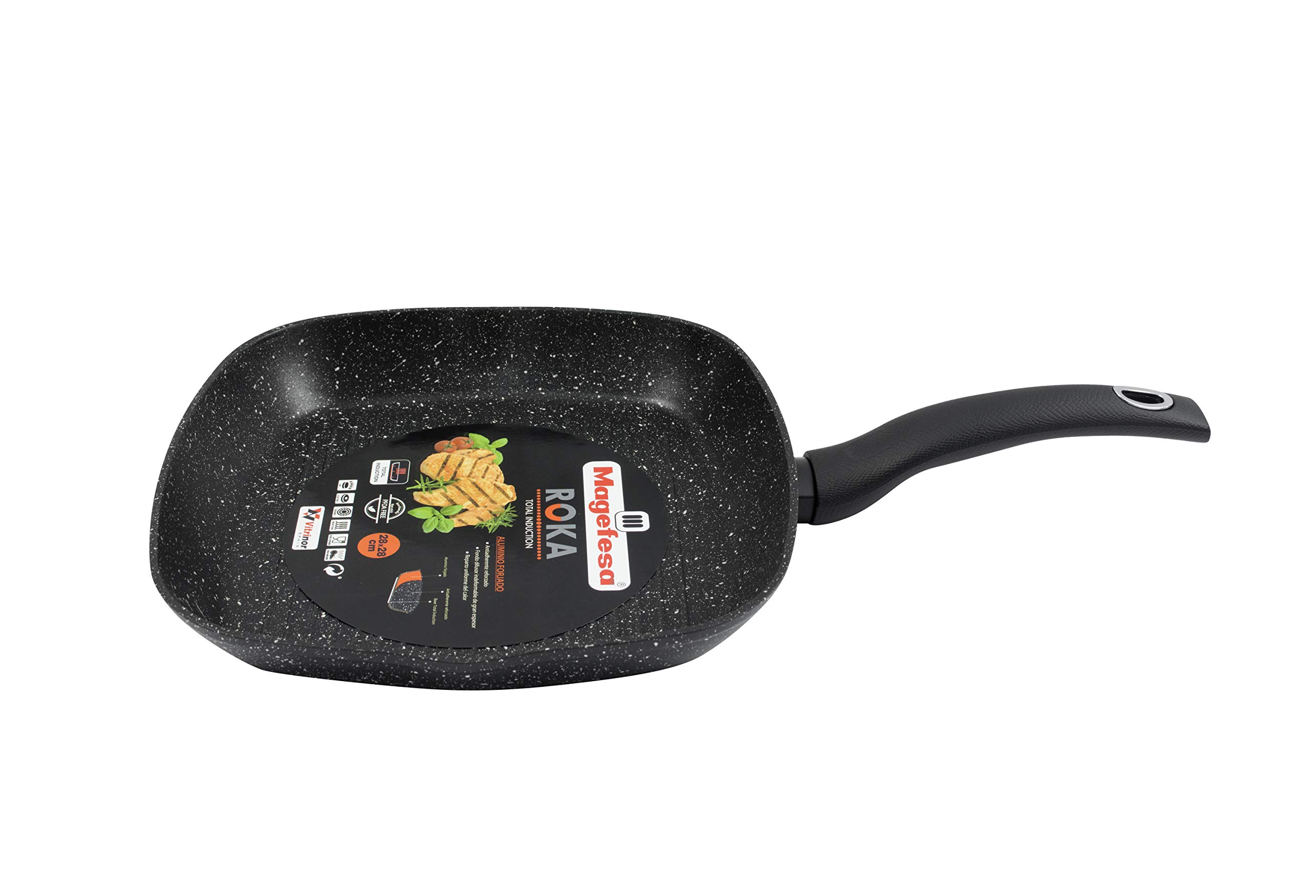 Magefesa Roka Asador 28 cm de aluminio forjado bicapa efecto piedra, color exterior efecto piedra. Full induction. Mango soft touch negro.