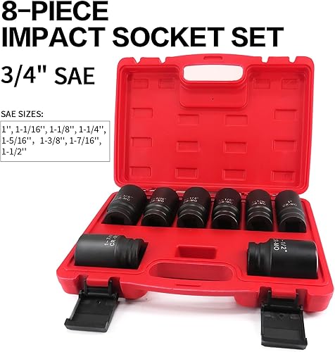 Miniatura 2 de Juego de llaves de impacto profundo de 34 pulgadas, 6 puntos, SAE (1 a 1-12 pulgadas), 8 piezas, Cr-Mo. Juego de llaves de impacto resistente.
