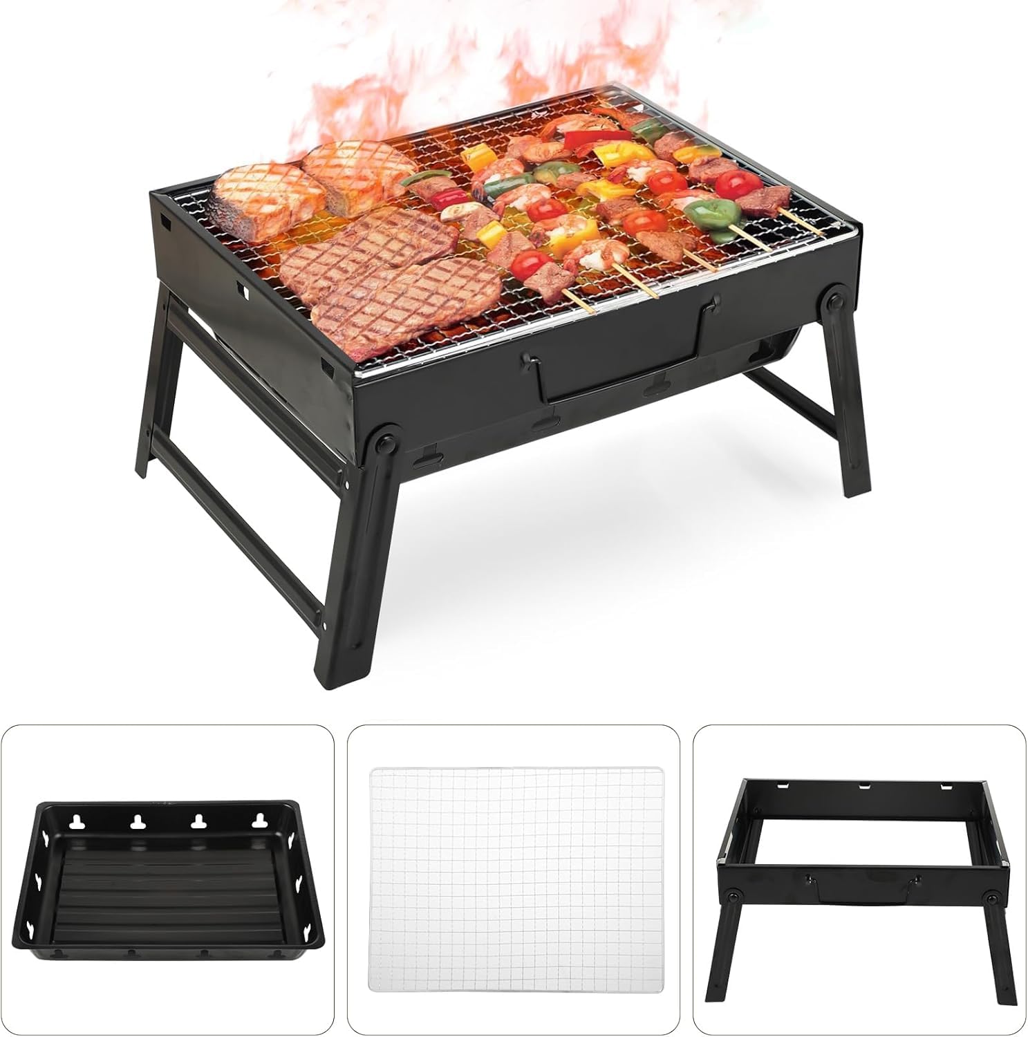 Barbecue au charbon de bois portable et pliable pour bureau, plateau de table, barbecue d'extérieur – Barbecue de pique-nique, barbecue de camping, barbecue de voyage, mini barbecue pliable (35 x 26 x