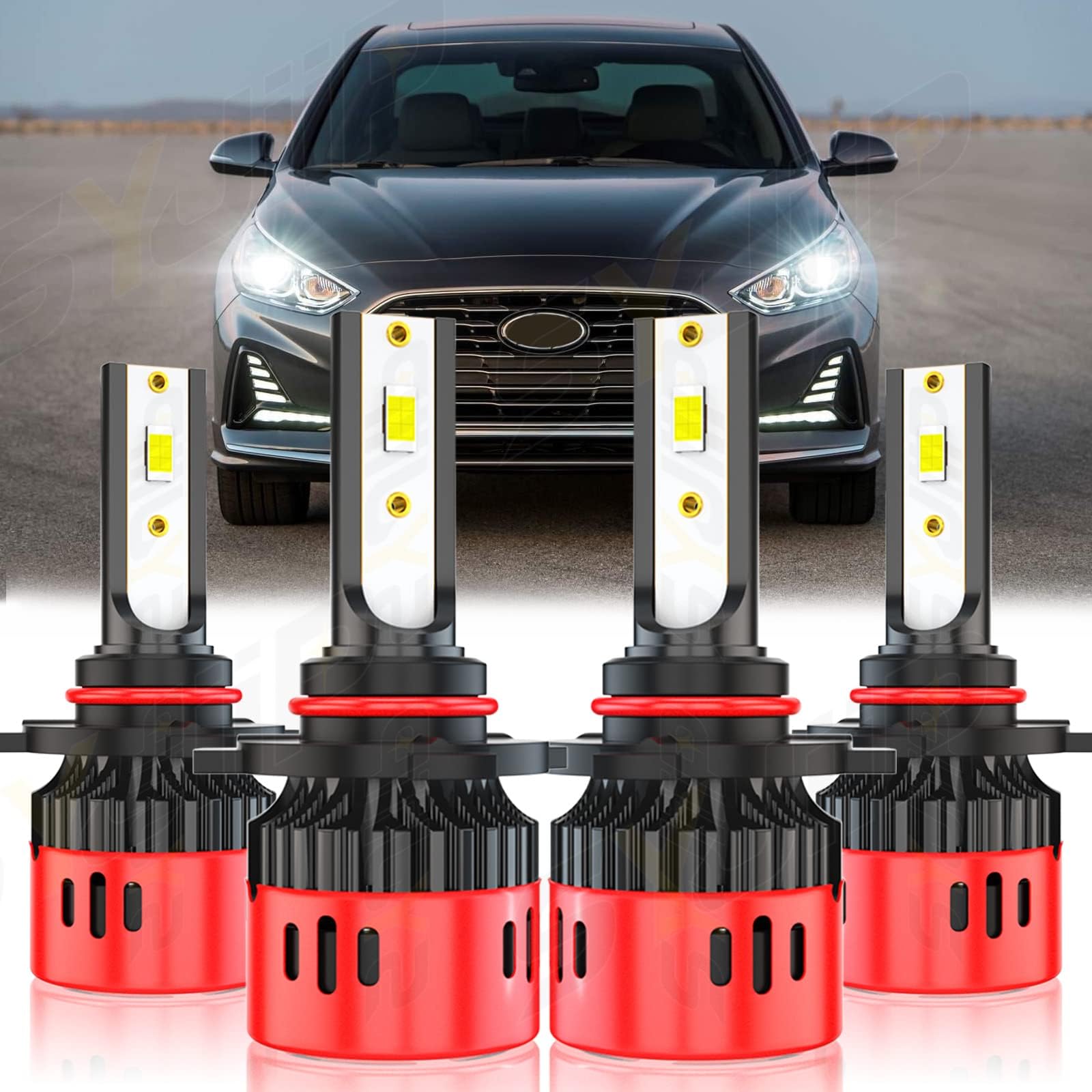 Compatible with 2015 2016 2017 2018 2019 Sonata LED Headlight Bulbs, 4PCS 9005 LED Headlamp Bulbs High/Low Beam Kit, 16000 Lumens 350% Brightness 6000K Cool White, IP67 Waterproof