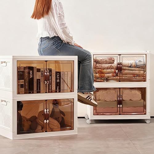 Miniatura 6 de Paquete de 2 contenedores de almacenamiento plegables grandes con tapas y ruedas, caja de almacenamiento plegable de plástico de 21 galones,