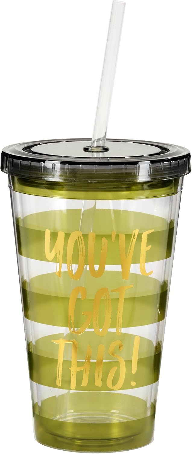 X&O Paper Goods Green Cactus with Arms Acrylic Double Wall Tumbler Cup with Lid and Straw, 12 oz., 6'' W x 5'' H