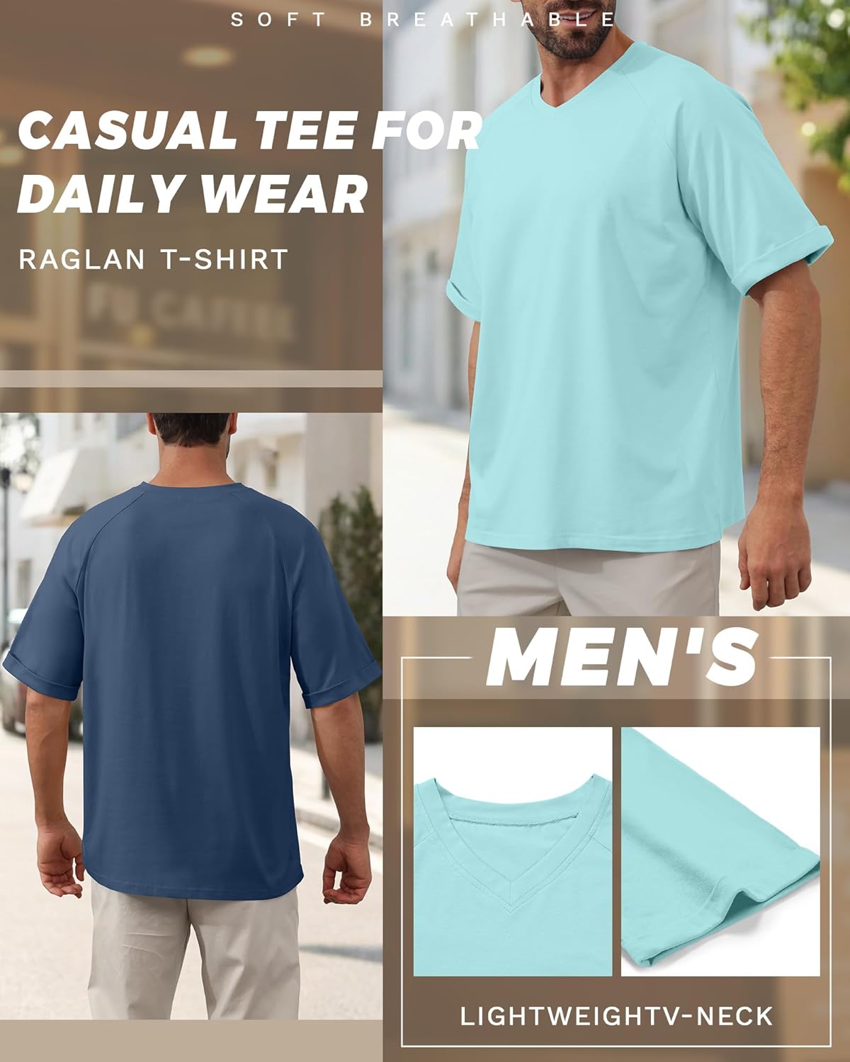 3 Pack Men's Oversized V Neck T-Shirts Loose Fit Short Rolled Sleeve Casual Tops Raglan Baggy Workout Basic Tees - Image 6