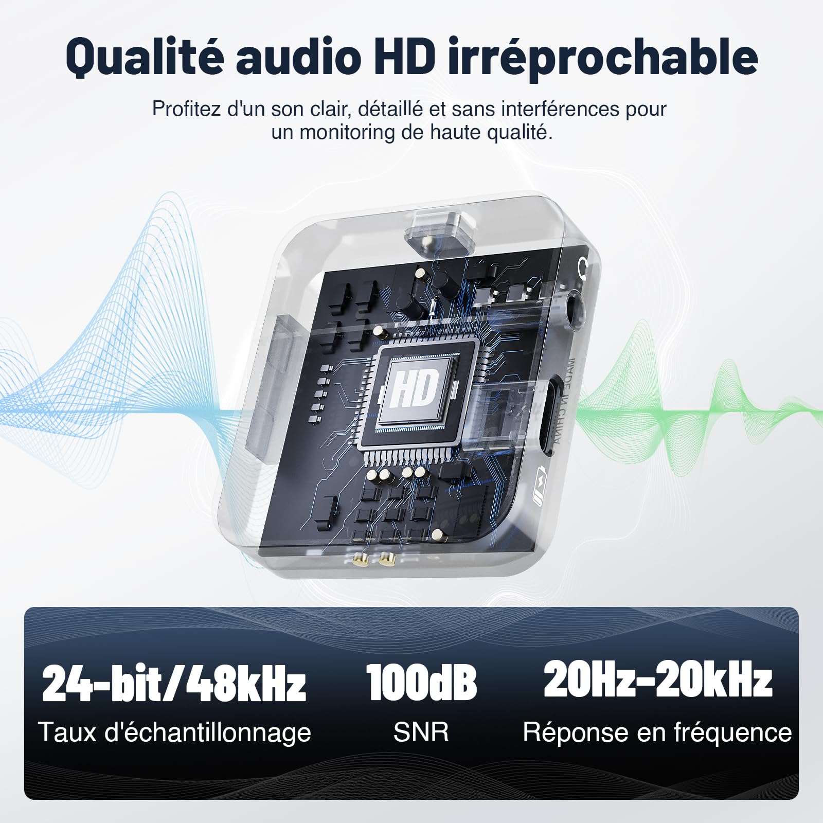 MELONARE PM-2 Système de moniteur intra-auriculaire portable sans fil avec étui de charge, émetteur et récepteur audio sans fil, audio 24 bits/48 kHz, entrée OTG, commutateur mono/stéréo, IEM pour