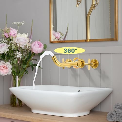 Miniatura 3 de ARCORA - Grifo de baño de montaje en pared, grifo de lavabo de baño dorado cepillado, 2 manijas para montaje en pared, grifo de fregadero de latón