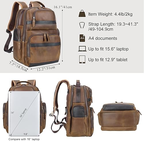 Miniatura 4 de TIDING Mochila de cuero vintage para hombre de 15.6 pulgadas, bolsa para laptop de gran capacidad, viajes de negocios, senderismo, mochilas de hombro