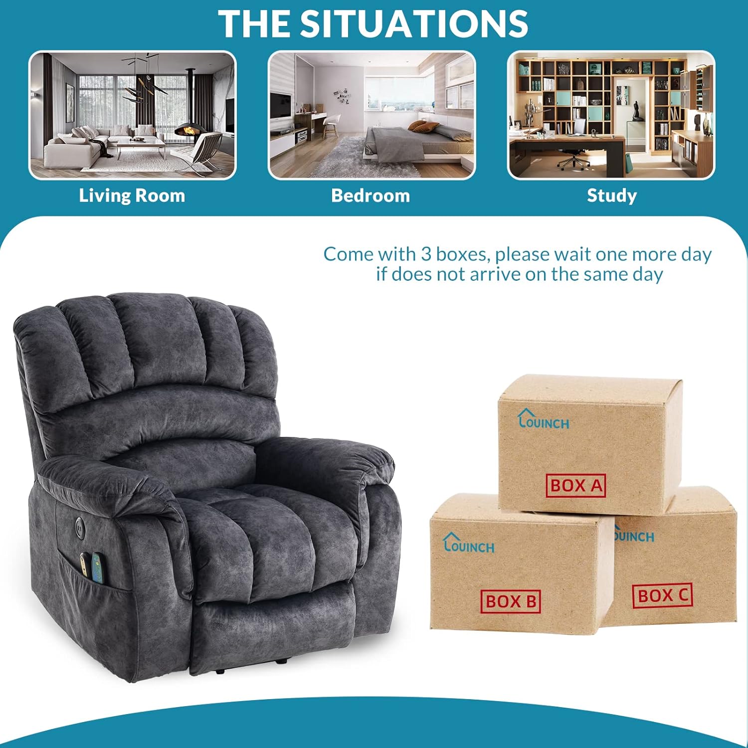 Large Power Lift Recliner Chair with Massage and Heat for Elderly Big Man, Extra Wide & Oversized Electric Recliner W/Remote Controls, USB Ports & Side Pockets, Velvet Fabric (Grey)