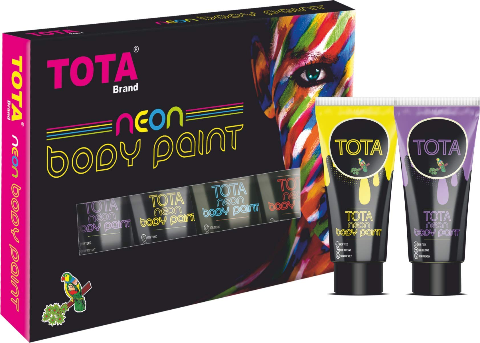 TOTA Non-Toxic Face Paint and Body Paint. Easy to Use, Water Washable Neon Colour UV Glow Tubes - Set of 6 Colors.