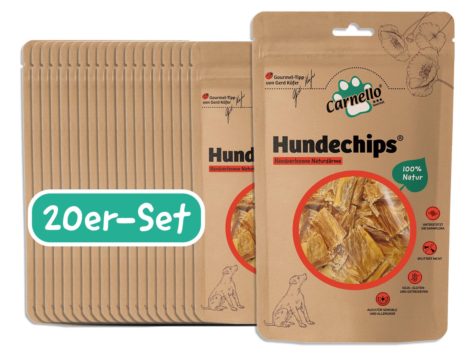 Carnello Hundechips – Hundesnack, Hundeleckerli getreidefrei, Hunde Leckerlis, Leckereien für Hunde – Wiederverschließbare Beutel (20 x 55g)