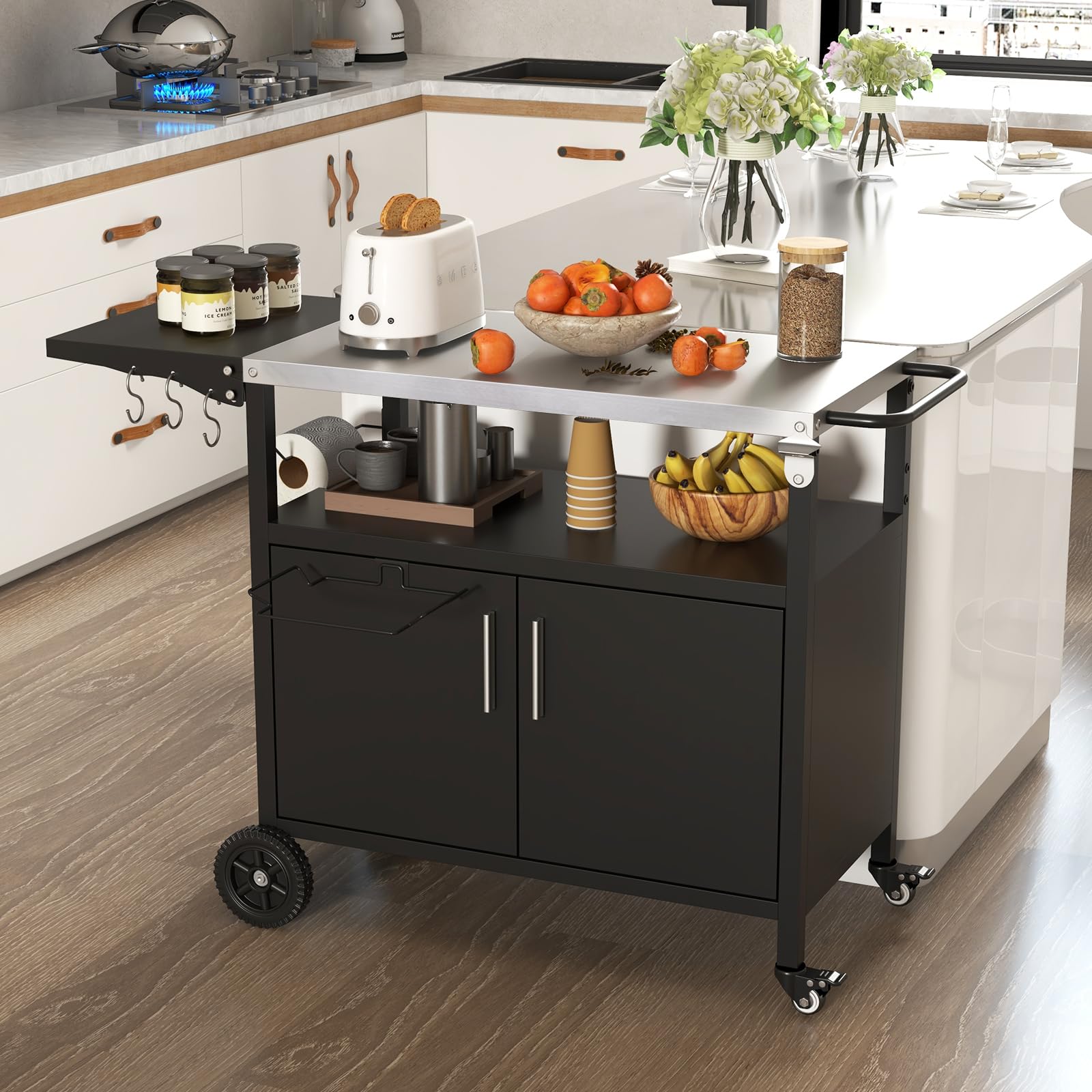 GIANTEX Carrito de barbacoa para exteriores, mesa de barbacoa con encimera de acero inoxidable y mesa lateral plegable, carrito de cocina con ruedas, mesa auxiliar con soporte para bolsa de basura