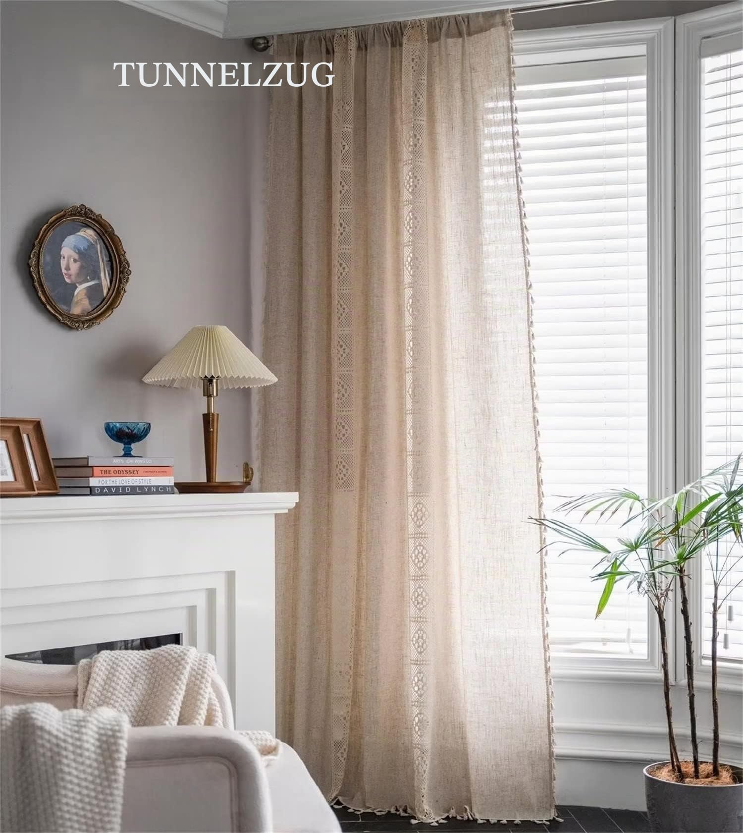 Vorhang Boho Leinen Vorhänge Beige Blickdicht Makramee Gardinen mit Quasten und Häkeln Stricken Vertikale Streifen Deko für Wohnzimmer Schlafzimmer Esszimmer, 1 Stück, B150xH175cm