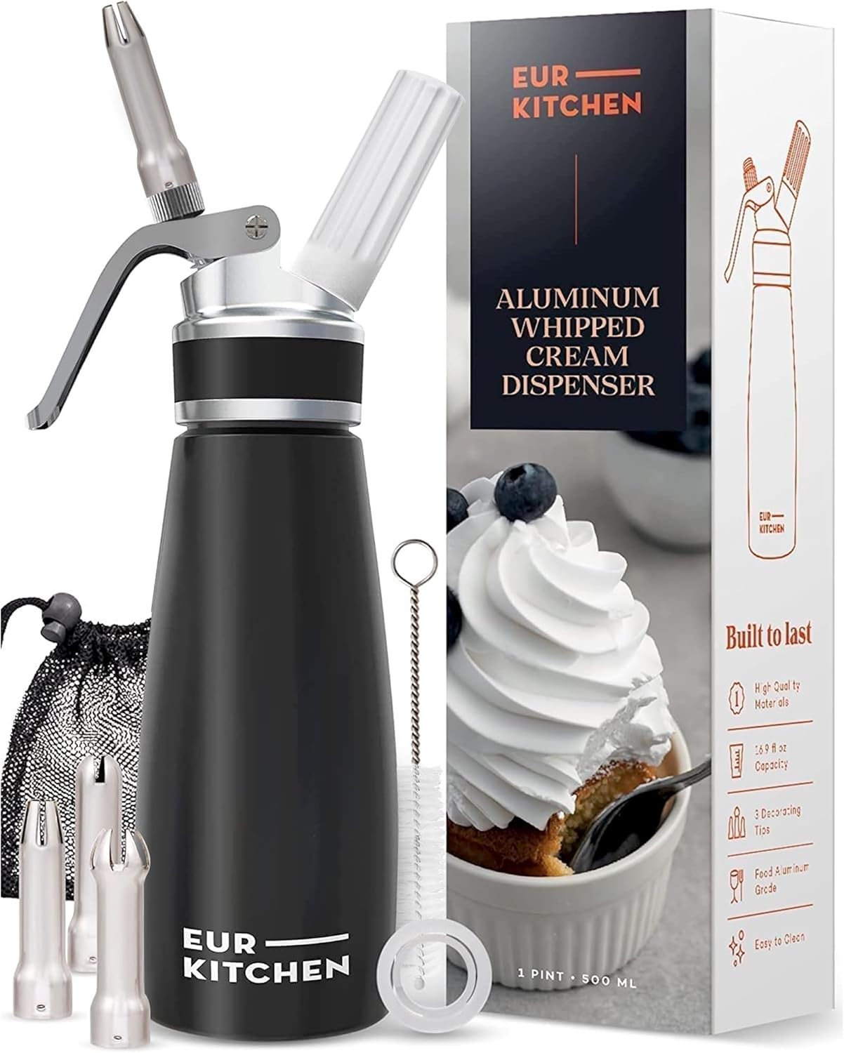EurKitchen Professional Aluminum Whipped Cream Dispenser - Leak-Free Whip Cream Maker Canister with 3 Decorating Nozzles