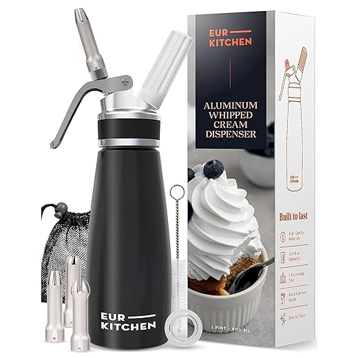 EurKitchen Professional Aluminum Whipped Cream Dispenser - Leak-Free Whip Cream Maker Canister with 3 Decorating Nozzles & Cleaning Brush - 1-Pint / 500 mL Cream Whipper - N2O Chargers (Not Included)
