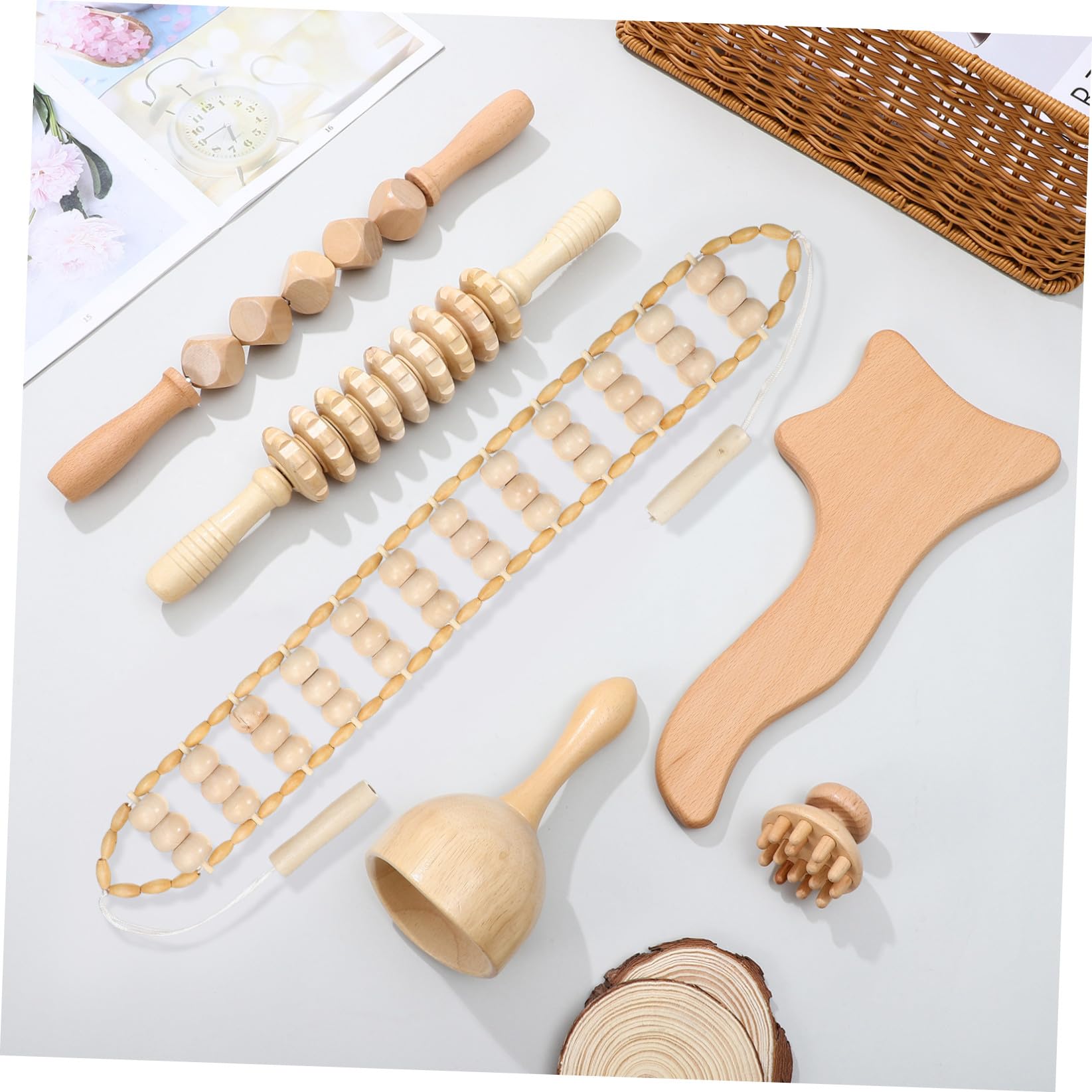 Juego De 6 Herramientas De Masaje De Madera Terapias De Rodillo y Tabla De Contorno Para Alivio De Tensión