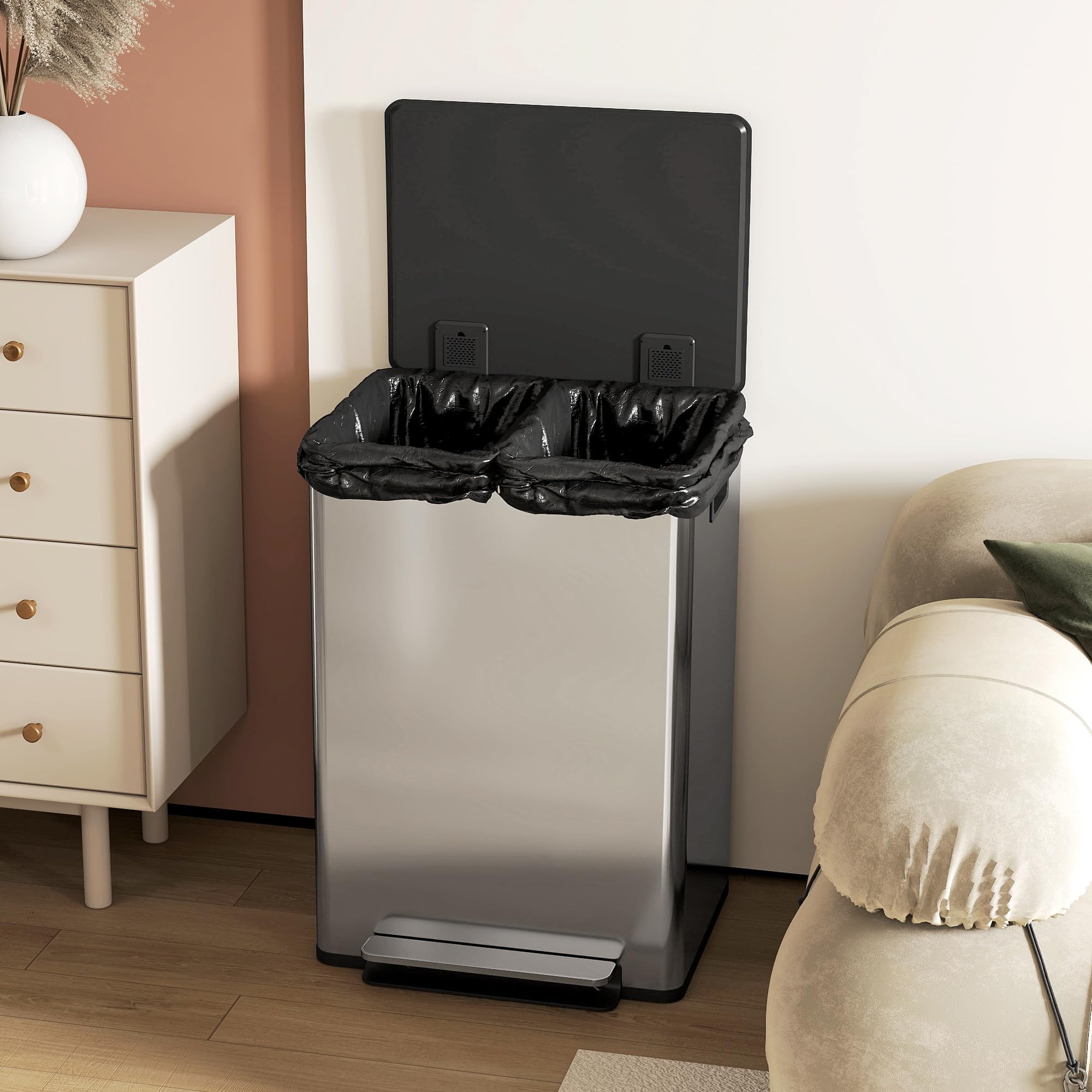 HOMCOM Poubelle à double compartiment 2 x 30L, poubelle de cuisine à pédale tri sélectif en acier inoxydable, seaux intérieurs, couvercle à fermeture douce et maintien en ouverture, poignées, argent