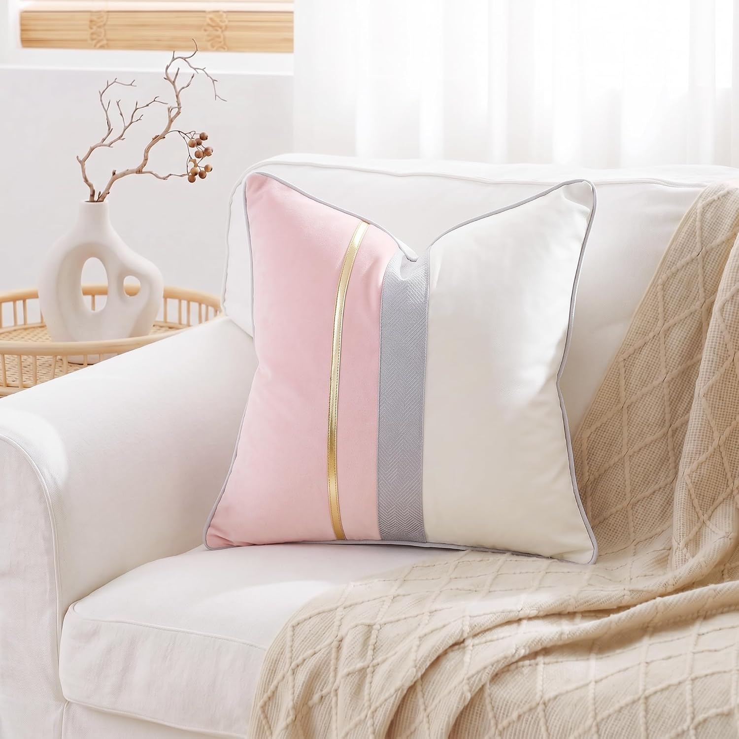 PANOD Patchwork Pink Silk-Like Velvet Throw Pillow Cover with Gold Striped Leather Cushion Case Modern Luxury Square Pillowcase for Sofa Couch Bedroom Living Room Home,18x18 inch image 2