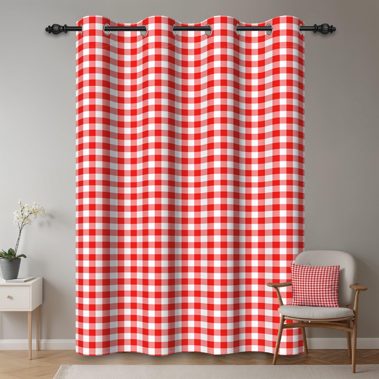 ggaimwf 117x229cm Plaid Eyelet Curtain Buffalo Check Red and White Classic Gingham Vintage Squares Pattern Farmhouse Thermal Grommet Blackout Window Drapes for Bedroom Living Room 1 Single Panel - Image 2