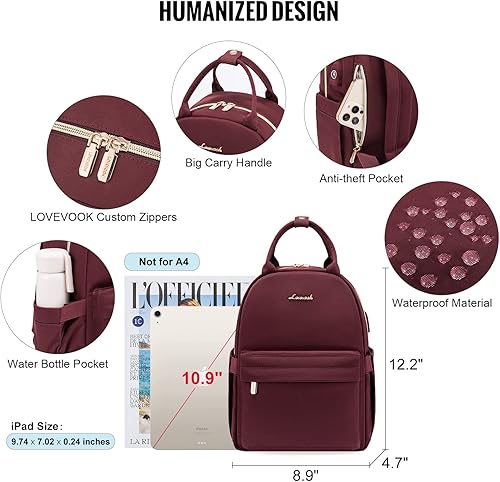 Miniatura 3 de LOVEVOOK Mini mochila para mujer, mochila pequeña, bonita mochila a la moda, Rojo vino, Mochilas Daypack