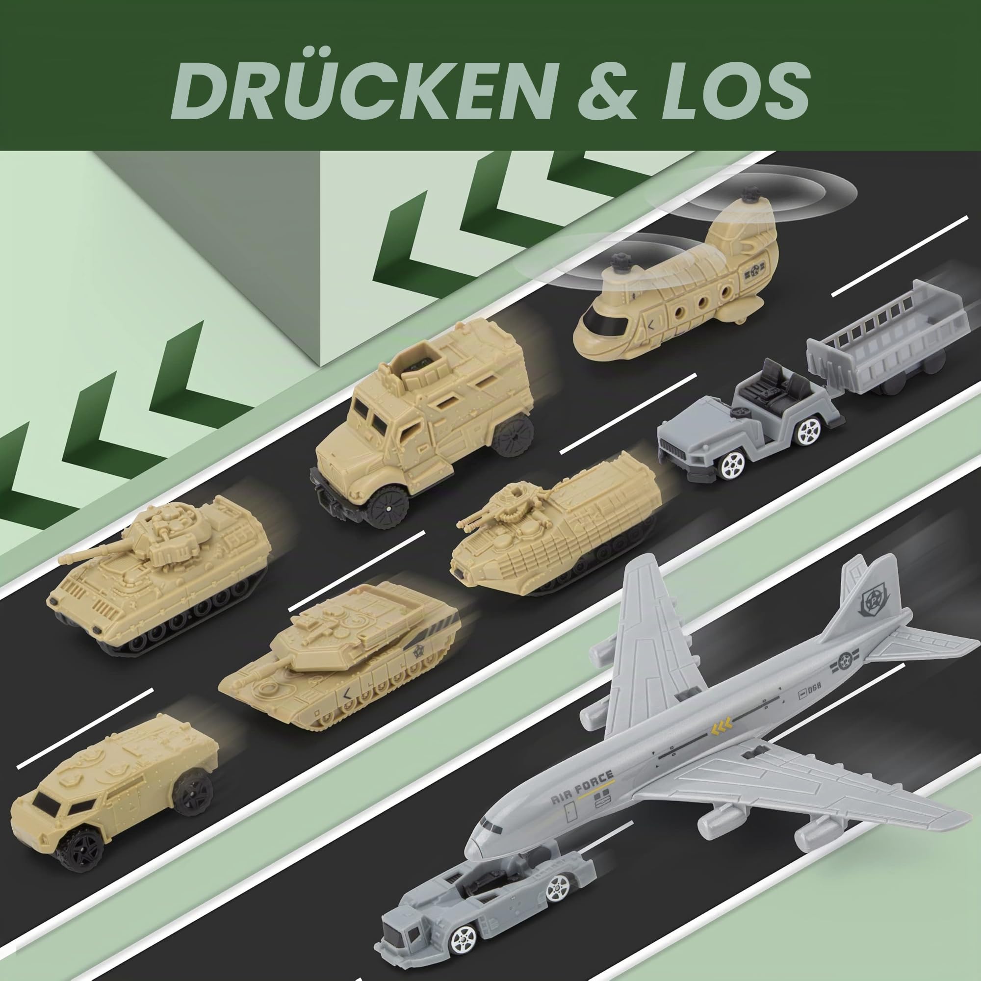XDUOYJOY Militär Panzer LKW Spielzeug mit 13 Fahrzeugen, Hubschrauber Kampfjet Spielmatte Soldaten Figuren, Geburtstagsgeschenk für Jungen ab 3 Jahren