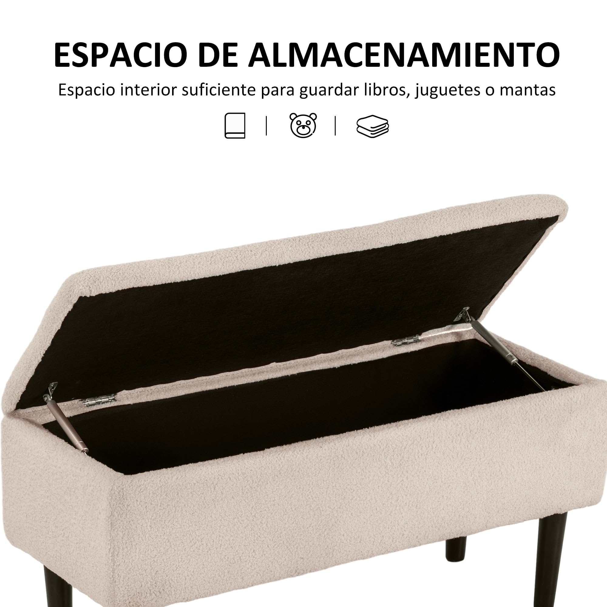 HOMCOM Puff Almacenaje, Banco Almacenaje Plegable, Capacidad de 57 L, 95x38x45 cm, Tapizado en Borreguito, Pie de Cama con Tapa Abatible y Patas de Madera, para Salón, Dormitorio, Entrada, Crema