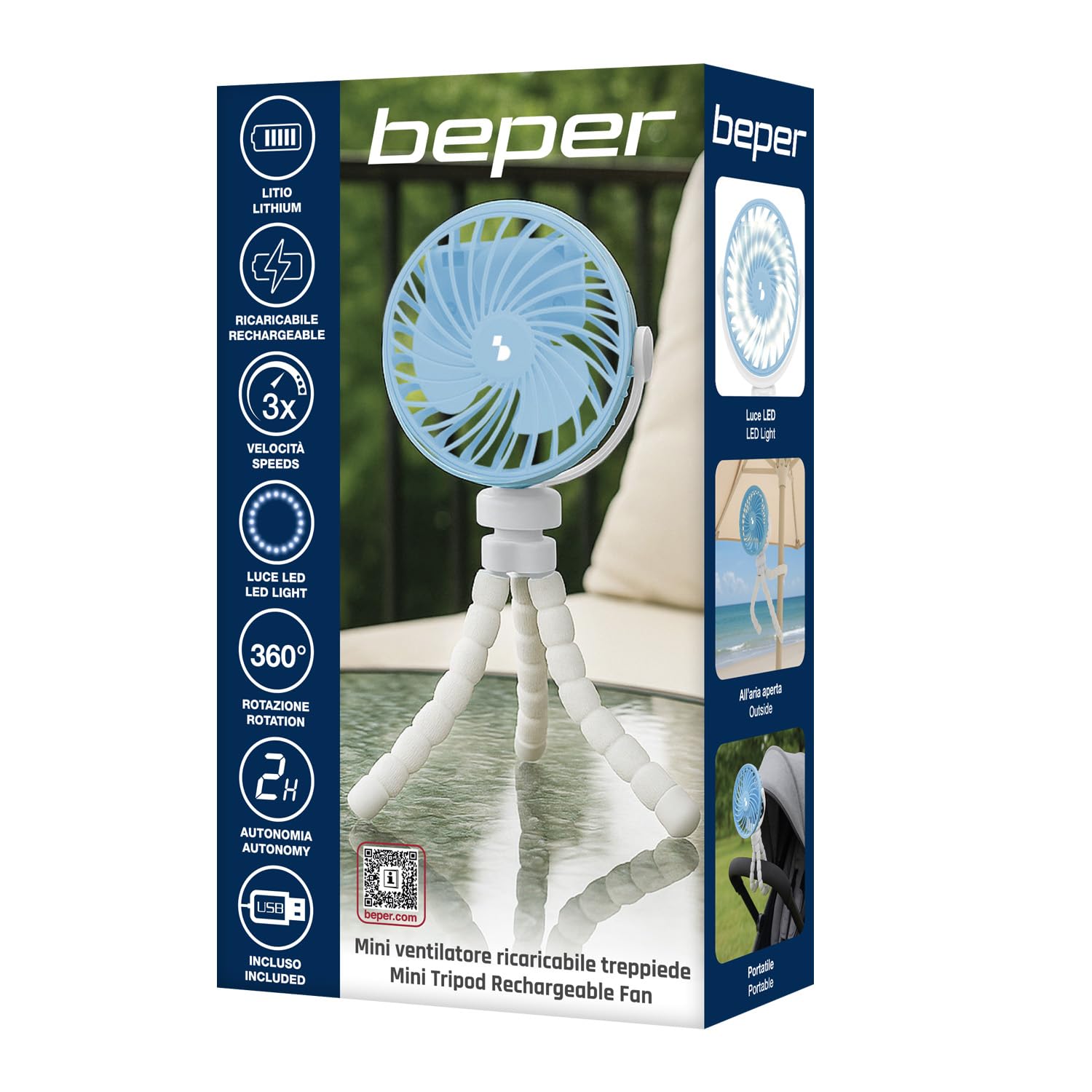 BEPER P206VEN431 Mini Ventilatore con Gambe Flessibili Ricaricabile USB-C, Ventilatore Portatile 3 Velocità, Rotazione 360°, Luce LED, Gambe flessibili per Passeggino, Ombrellone, Auto