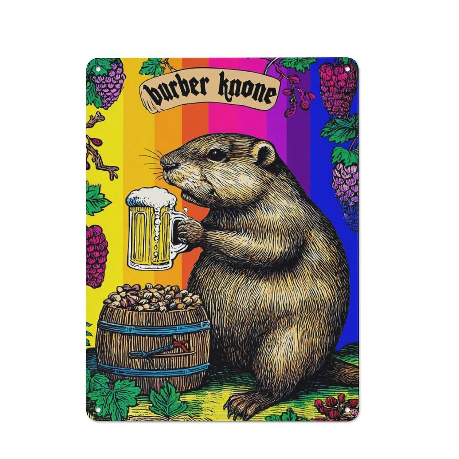 Junmoney Groundhog With Beer Mug Rustic Metal Plaque 40X30cm For Hobby Room Or Studio, For Creative Interior Collectors