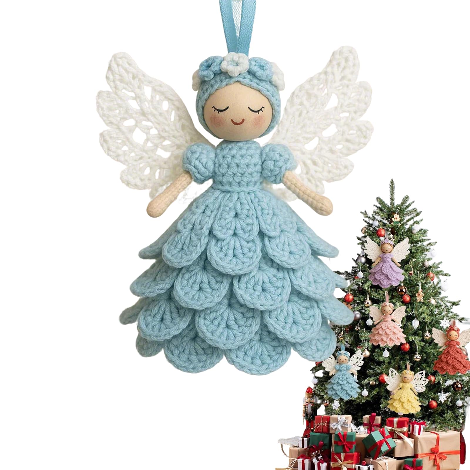 Vjureuede D Iy Crochet Angel Ornament Kit,Christmas Crochetcrochet Craft Kit With Yarn For Beginners,Christmas Tree Hang Ecorations,Easy Starter Craft To Create Your Own Hanging Ornaments