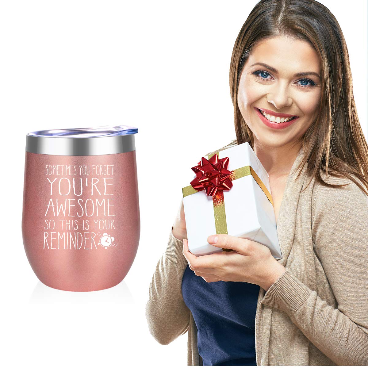 Bicchiere Termico You Are Awesome - Acciaio Inox 350ml Con Coperchio, Regalo Divertente Rosa Oro - Foto 2