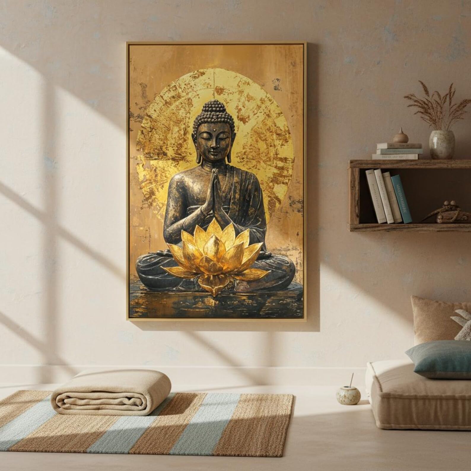 LMYCHENG Spokojny złoty Budda plakaty i druki, abstrakcyjny obraz lotosu na płótnie - duchowe Zen dzieło sztuki do dekoracji domu (20x30 cm/rama wewnętrzna)