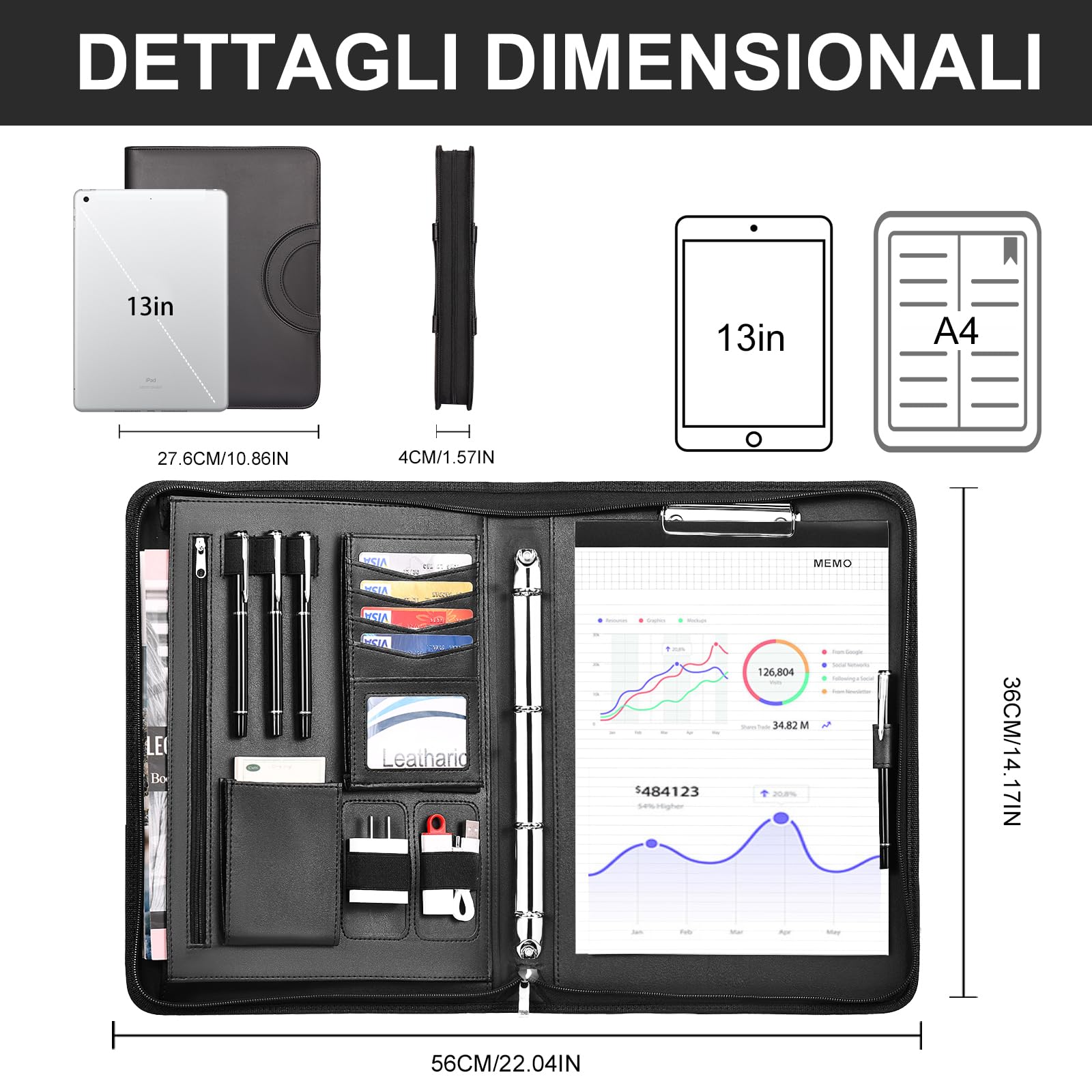 Leathario Cartella Portadocumenti A4 Pelle Vegana con Maniglia Quaderno Raccoglitore ad Anelli per Colloqui Viaggi Riunioni