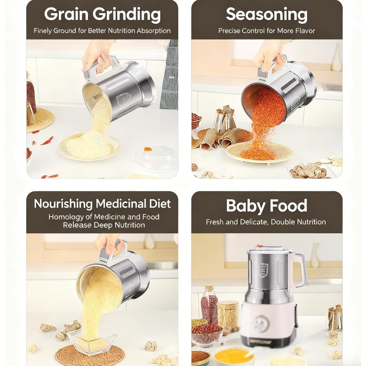 Macinino Elettrico per Cereali, Macina Spezie Versatile, 3 velocità Regolabili, capacità 1200 G, Robot da Cucina per Ingredienti Secchi E Umidi, per Macinare Spezie, Cereali E caffè.