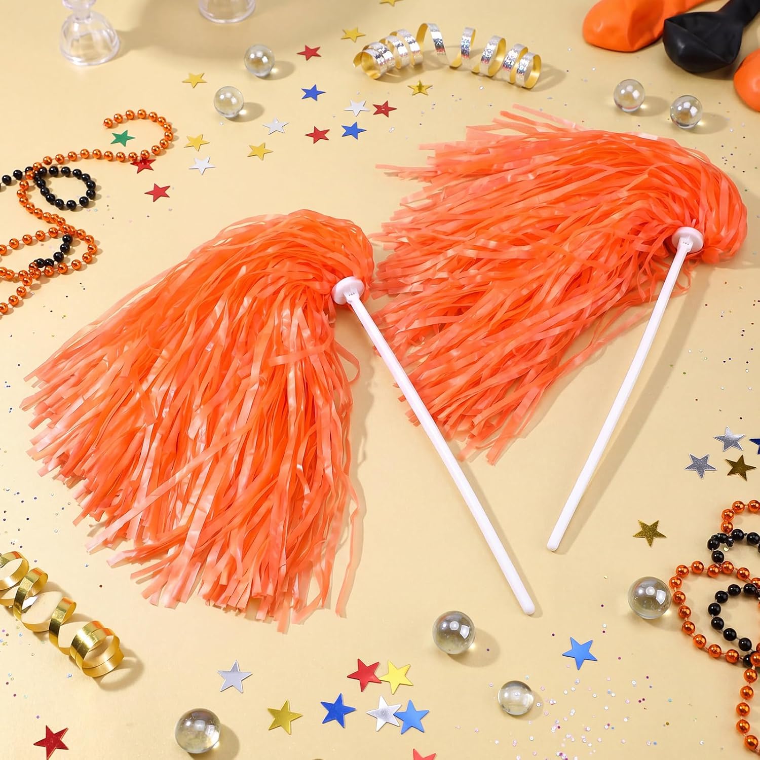 Vinsot 20 Pcs Orange Cheerleading Pom Poms Bulk Plastic Pom Poms with Plastic Long Handles School Spirit Shakers for Spirit Sports Team Squad Dance Football Basketball Club Celebration image 4