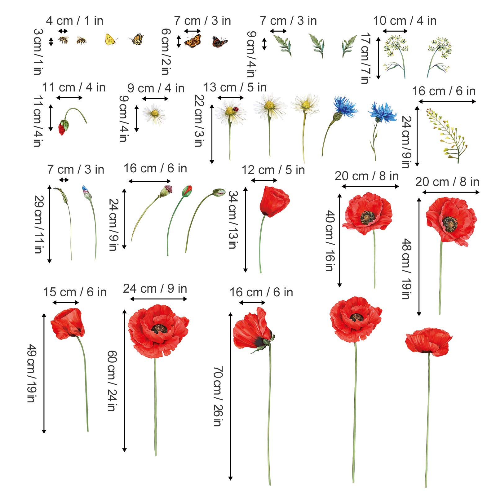decalmile Stickers Muraux Coquelicots Rouges Autocollant Mural Fleur Papillon Décoration Murale Chambre Enfants Salon Bureau