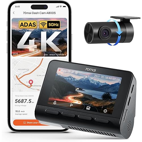 70mai 4K Dash Cam Front and Rear with STARVIS, Built in 5GHz WiFi & GPS Car Camera, Super Night Vision, ADAS, 3'' IPS Screen, 24H Parking Mode, Time-Lapse, Loop Recording, Support 256GB Max (A800S)