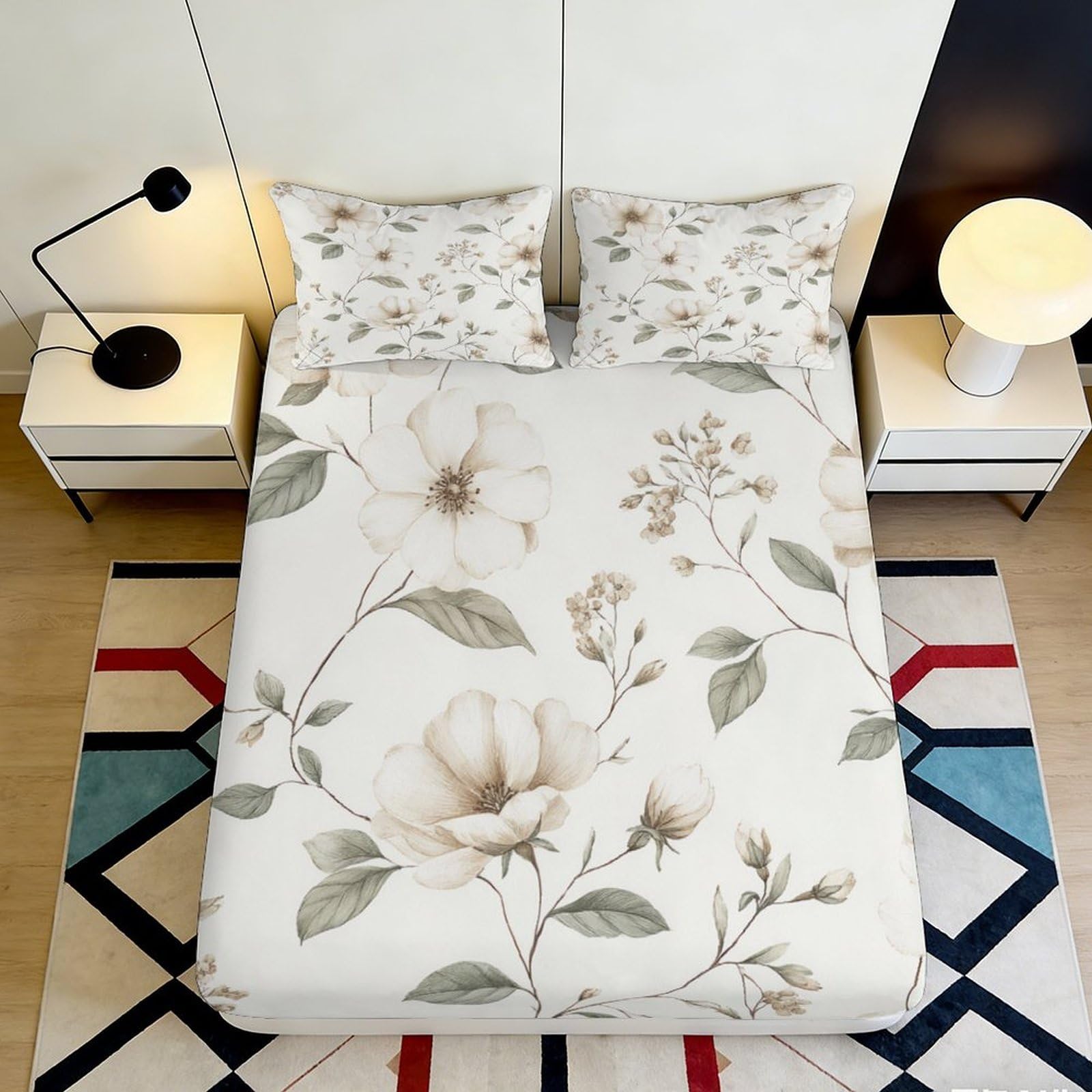3D Printed Magnolia Floral Fitted Sheet Microfiber Soft Breathable Botanical Mattress Cover for Bedroom Home Decor 90x200x25cm