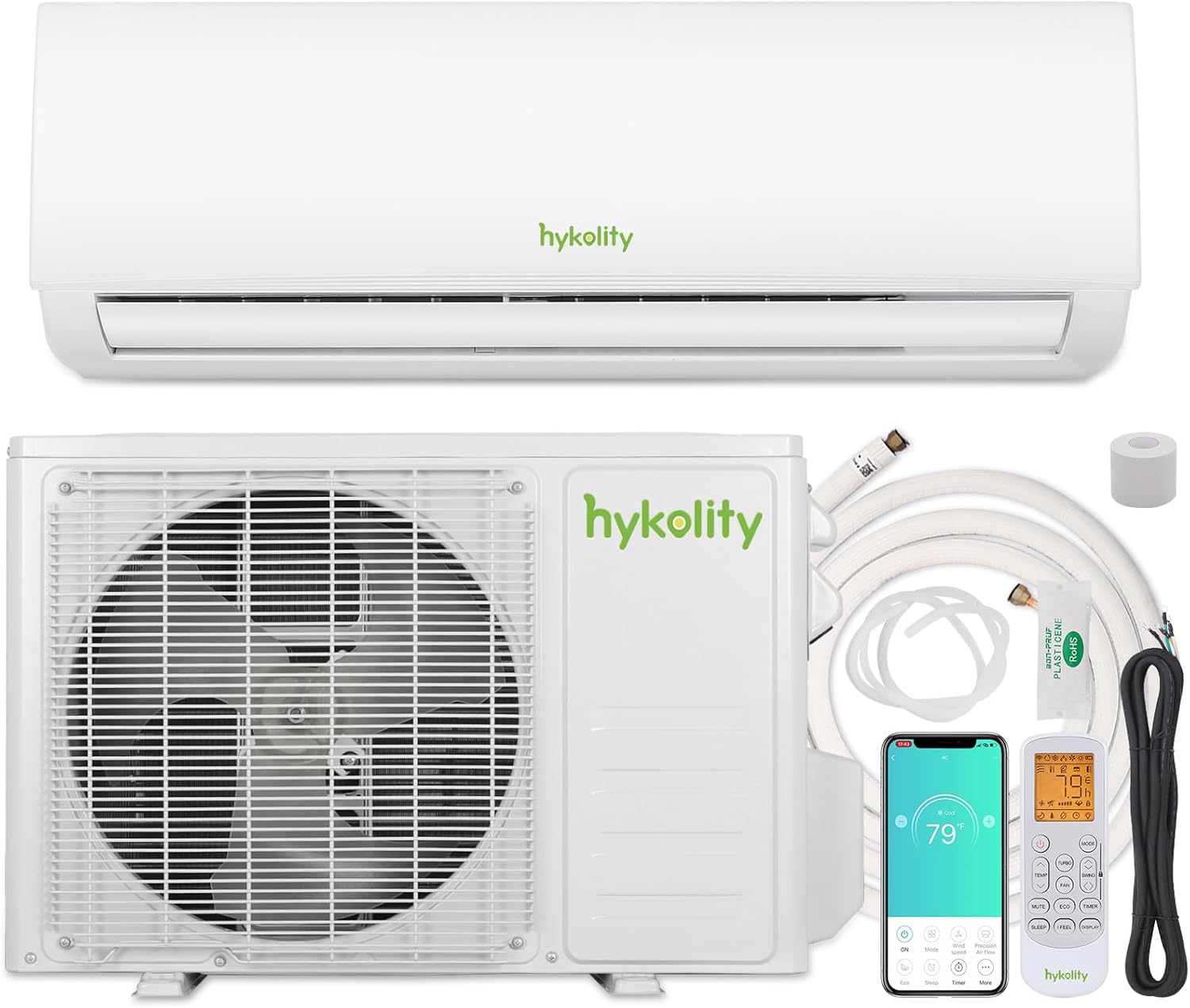Hykolity 24,000 BTU Wifi Enabled Mini Split Air Conditioner & Heater, 208/230V, 19 SEER2 Split AC Unit Ductless Inverter System with Heat Pump & Installation Kits, Cools Up to 1500 Sq. Ft