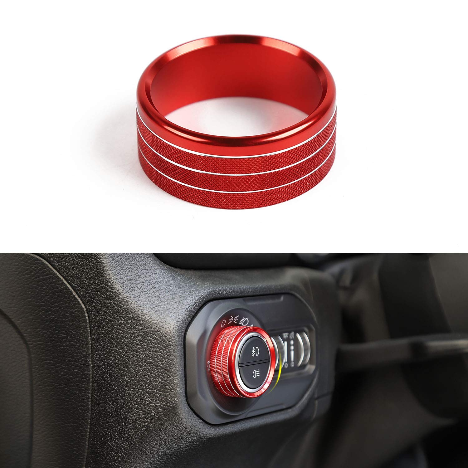 Car Headlight Switch Knob Frame Ring Cover Trim Interior Accessories for Jeep Wrangler JL 2018 (Red)