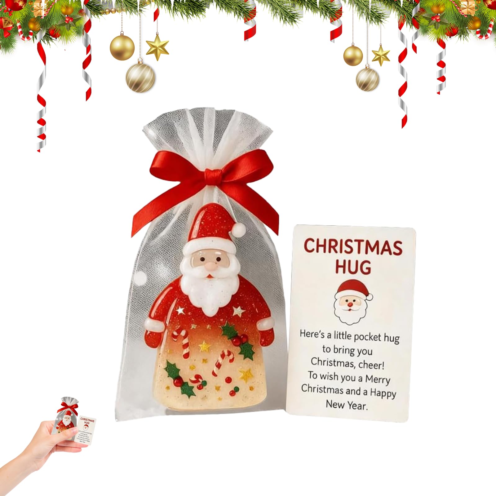 Peamoo 1Pc Little Pocket Christmas Hug,Christmas Pocket Hug Gifts With Encouragement Cards,Santa Claus Charm Ornaments,2025 Unique Holiday Cards,Sentiment Support Keepsake For Friends Family Coworkers (1Pc)