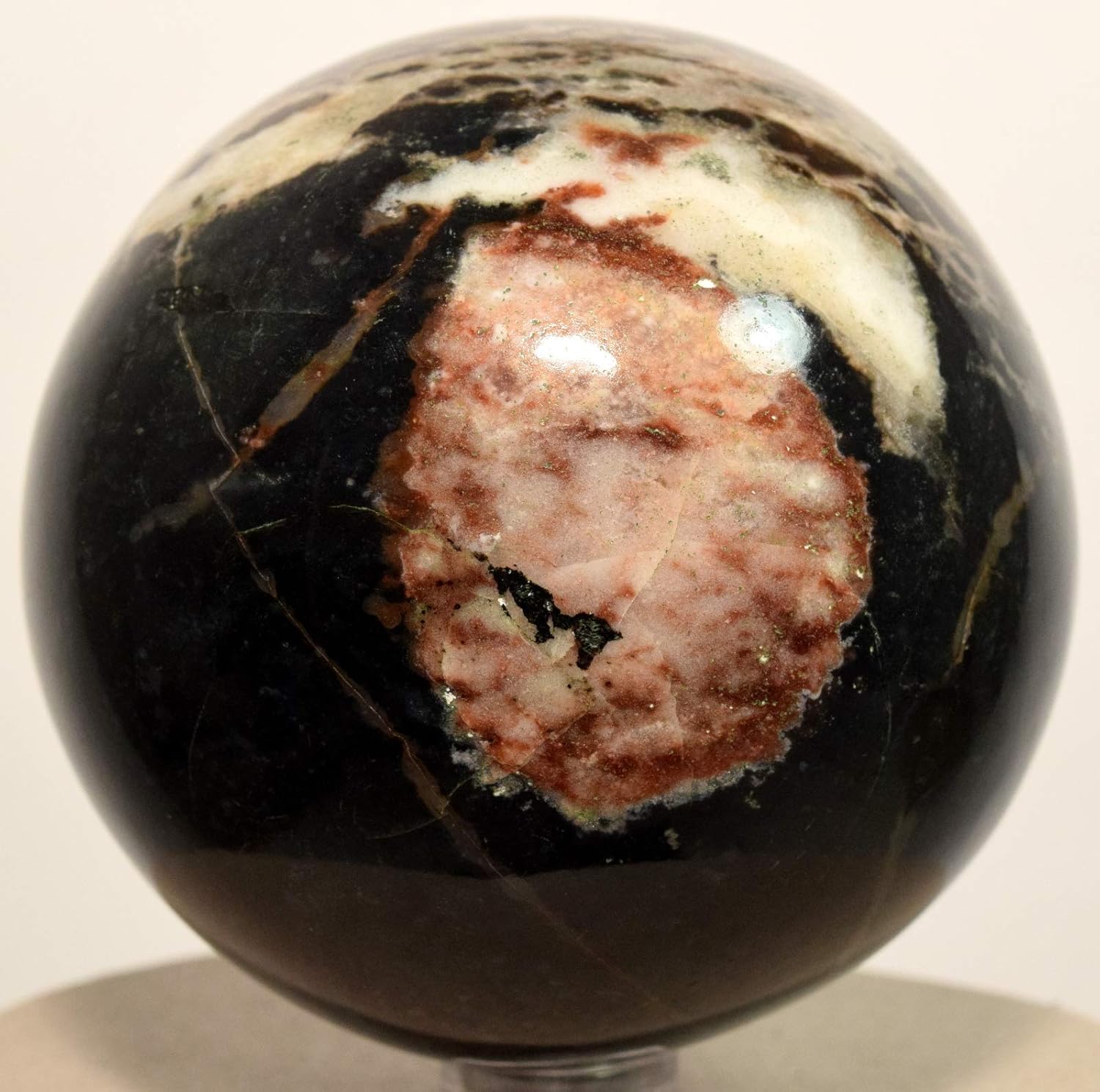 HQRP 2.7" 435g Black Brown Red Agate Sphere Polished Natural Chalcedony Crystal Mineral Stone Ball from India + Stand