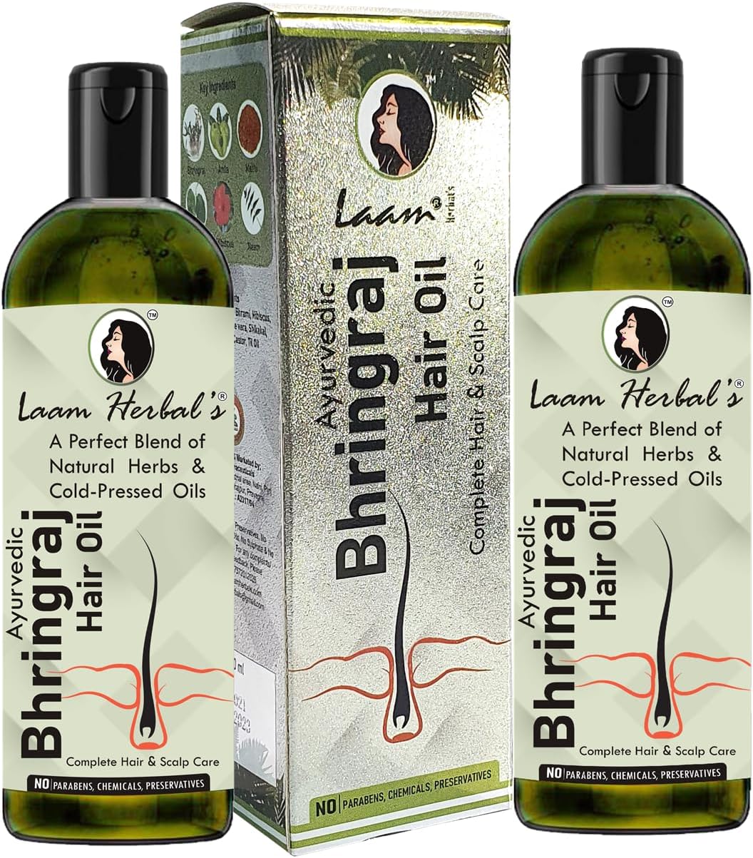 Laam Herbals Ayurvedic Bhringraj Hair Oil | A Blend of Herbs & Cold-Pressed Oil | For Complete Hair & Scalp Care- 2X100 ml