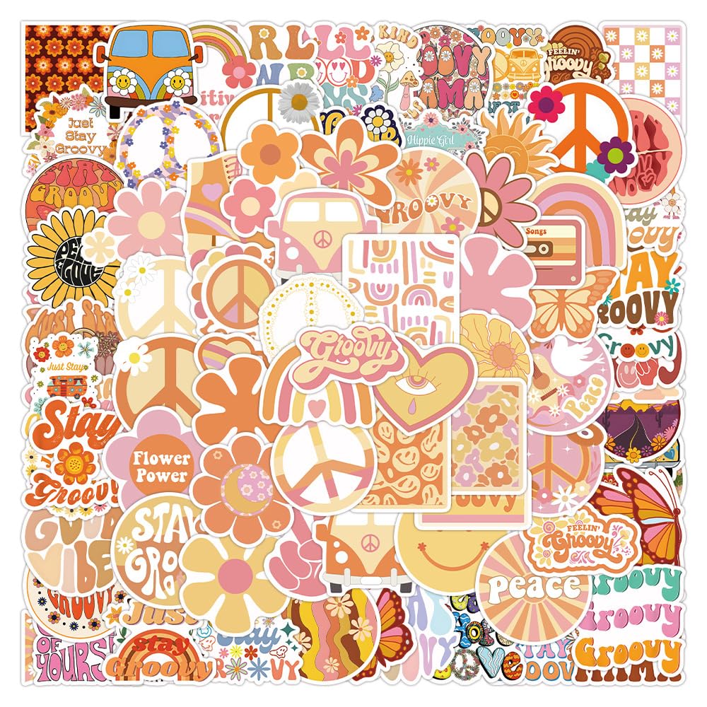 Hippie Stickers 100Pcs Cute Waterproof Aesthetic Groovy Boho Sticker for Water Bottle Laptop Skateboard Computer Scrapbook Notebook Motorcycle Luggage Car,Vinyl Funny Decals for Teens Boys Girls