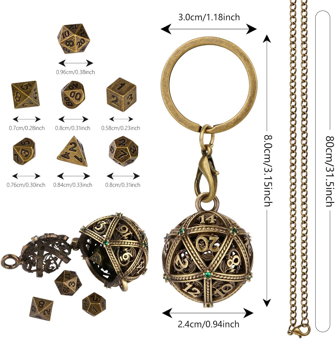 Mini DND Dice Set with Spherical Hollow D20 Metal Case Portable Keychain Necklace, Tiny 7pcs Polyhedral D&D Dice Set, DND Gifts with Gift Box, D&D Accessories for RPG（Green Diamond, Bronze）