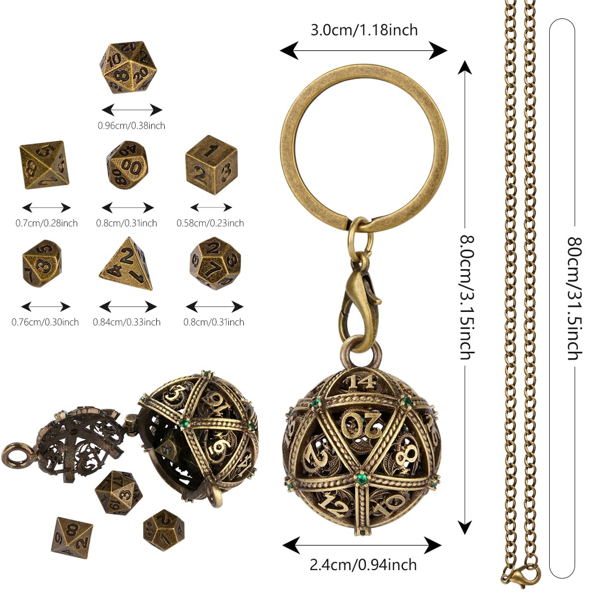 Mini DND Dice Set including Keychain Necklace Pocket Chain Spherical Hollow D20 Metal Case - Image 3