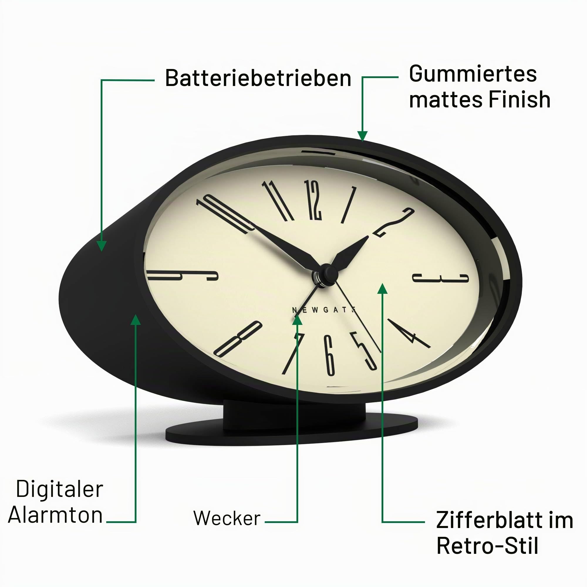 NEWGATE® Ronnie Wecker | Ovales Retro-Design | Schwarze, weiche, gummierte oberfläche | Ideal für nachttisch, Schreibtisch oder Regal | Modernes, Retro mid-Century-Schlafzimmer- und bürozubehör