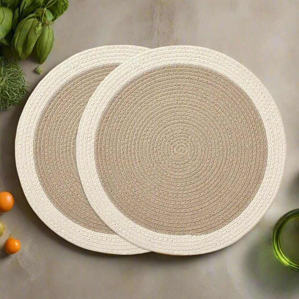 Image of Cotton Rope Placemats, Round Red with White Border, Set of 4, Heat Resistant Table Mats (Beige White)