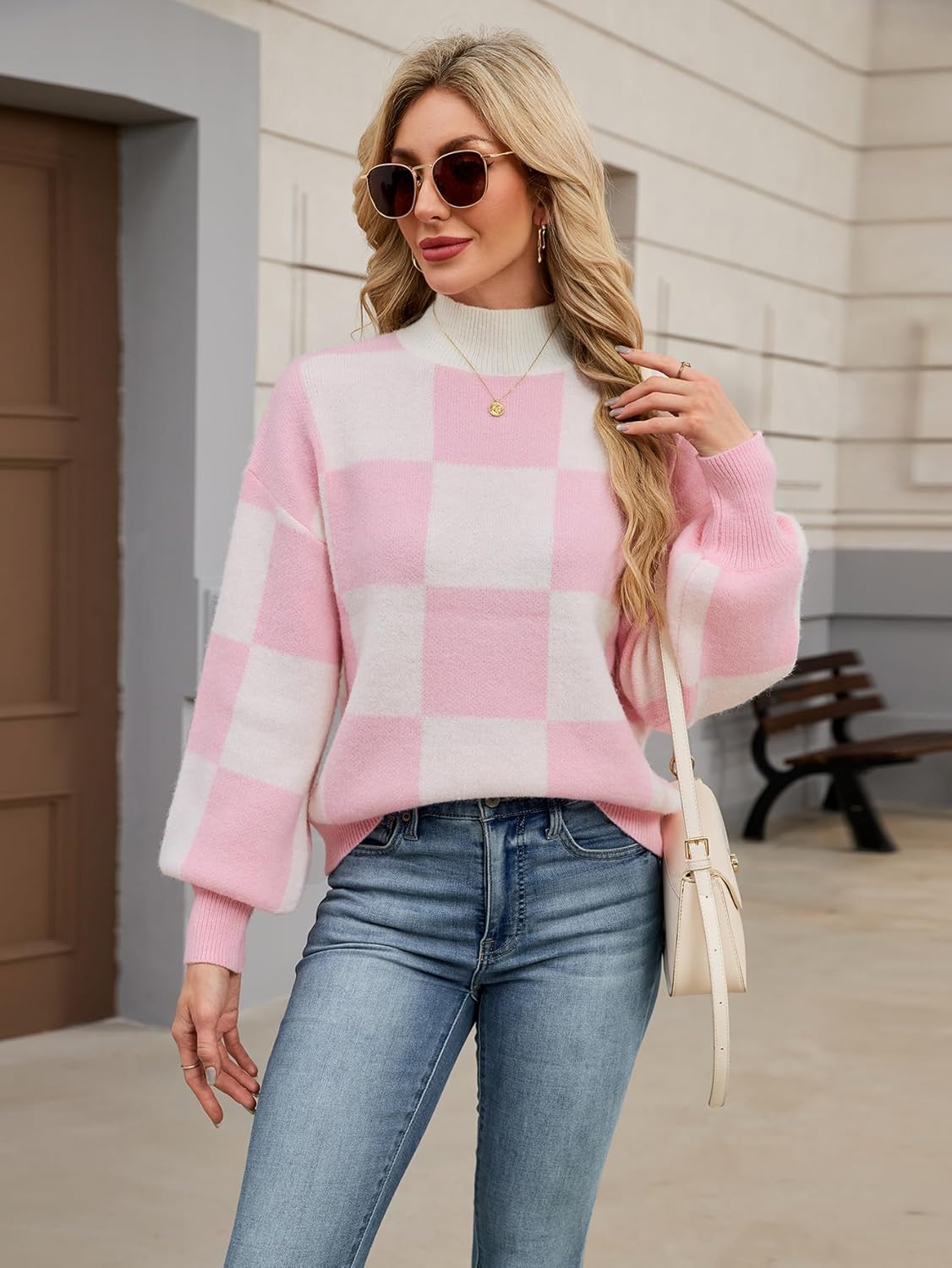 Womens Oversized Cute Checkered Sweater Fall 2025 Trendy Preppy Chunky Knit Mock Neck Long Sleeve Pullover Sweaters - Image 2