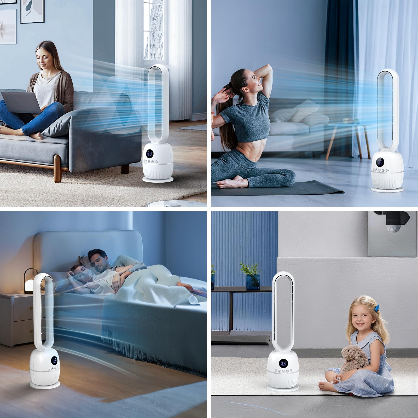 Ventilatore a Torre Senza Pale, 90CM Ventilatore Senza Pale, Motore DC, 12 Velocità, 12H Timer, Telecomando, Display LED, Oscillazione Automatica 60°