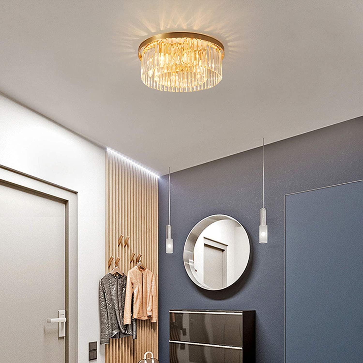 Okrągła lampa sufitowa wpuszczana, kryształowa lampa sufitowa K9 w kształcie kropli deszczu, nowoczesna lampa sufitowa do sypialni, salonu i łazienki, złota, 60 x 19 cm