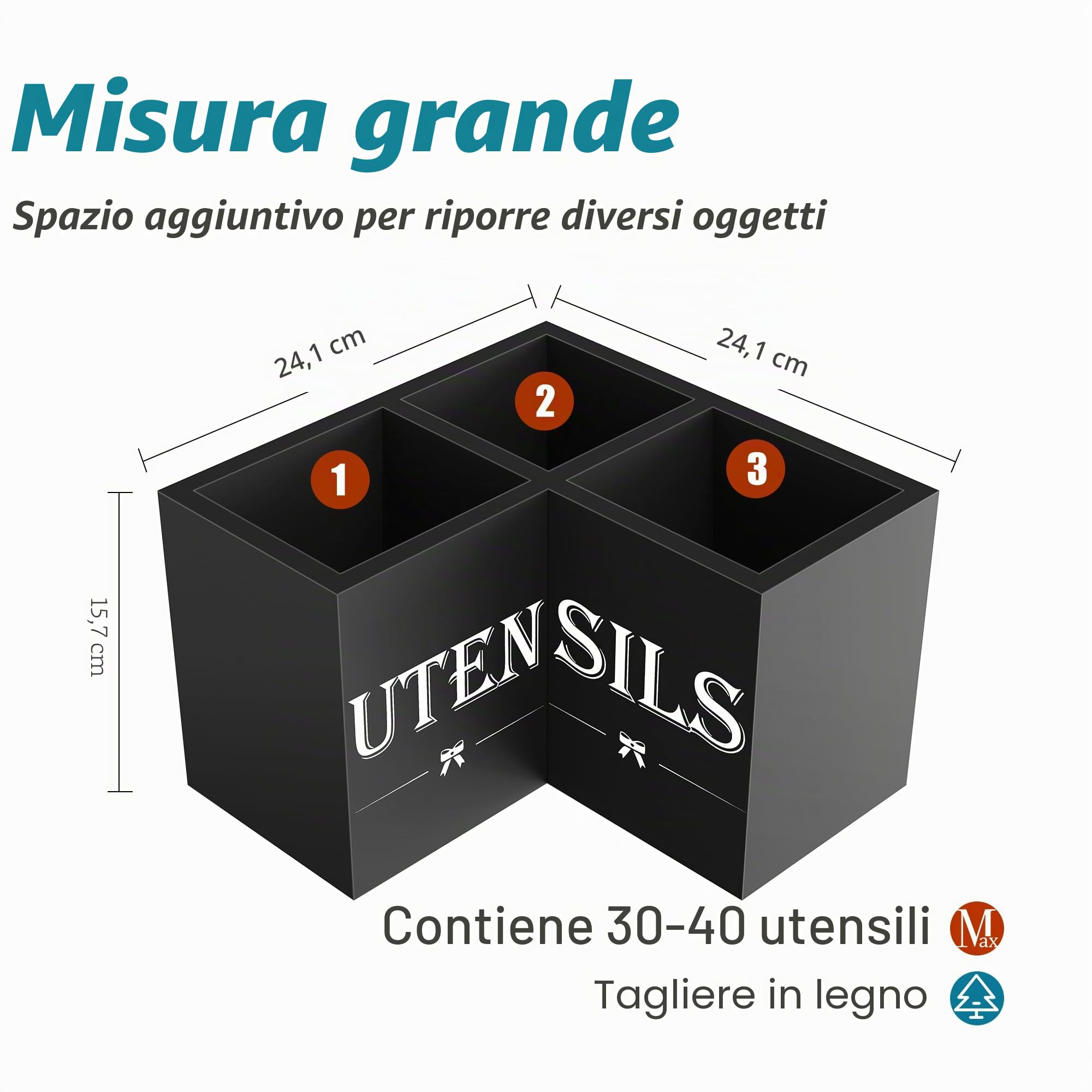 Suli Portautensili da cucina extra large 3 scomparti, organizer in legno per utensili da cucina da appoggio sul piano di lavoro - Nero